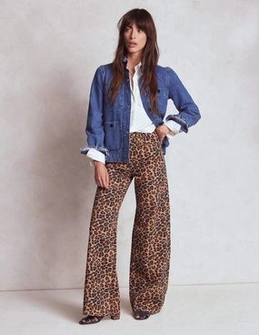 Odor control LightweightInsulation High Rise Wide Leg Jeans-Leopard Print