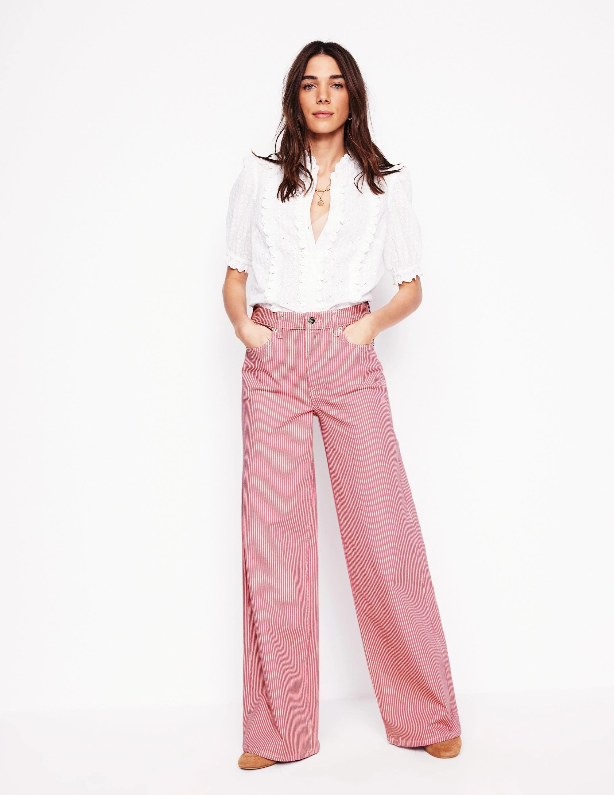 High Rise Wide Leg Jeans-Pink Stripe Thermal Insulation Layer High Rise