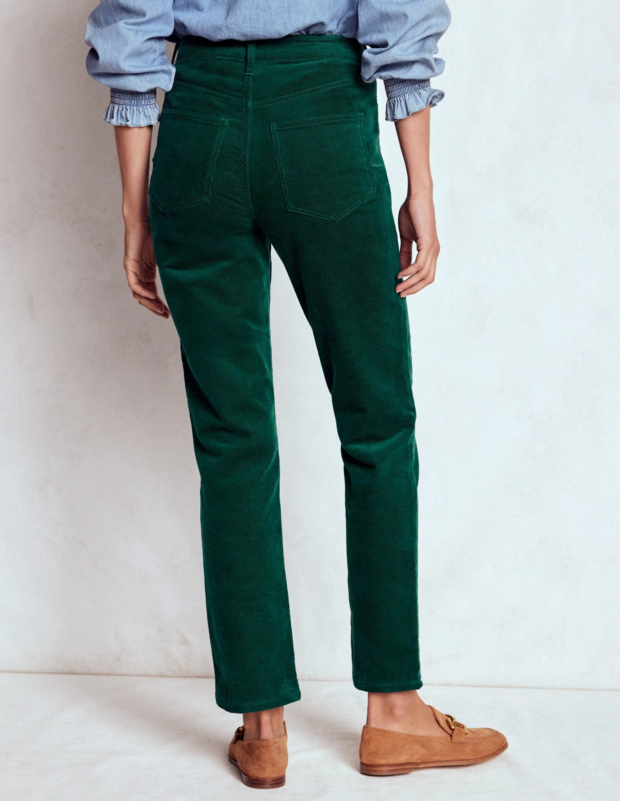 High-Waisted Cord Slim Jeans-Green Comfy Active