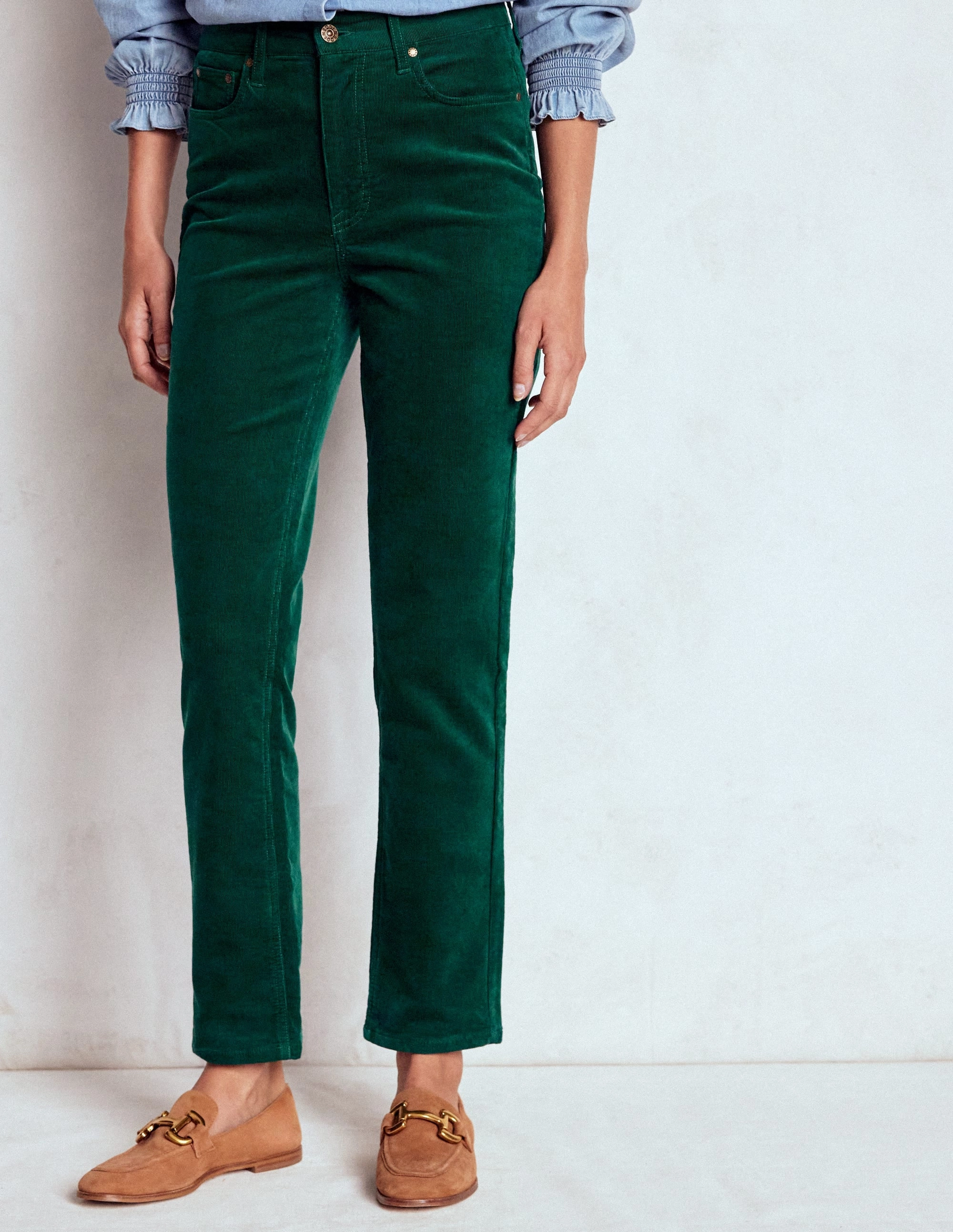 High-Waisted Cord Slim Jeans-Green Slimline Fit