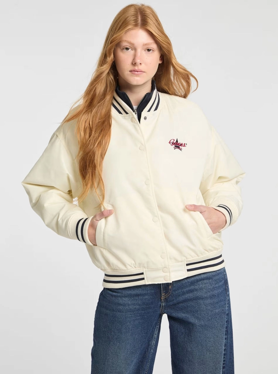 Guess Jeans White Embroidered Varsity Bomber Jacket Weather Proof EcoFriendly Dye
