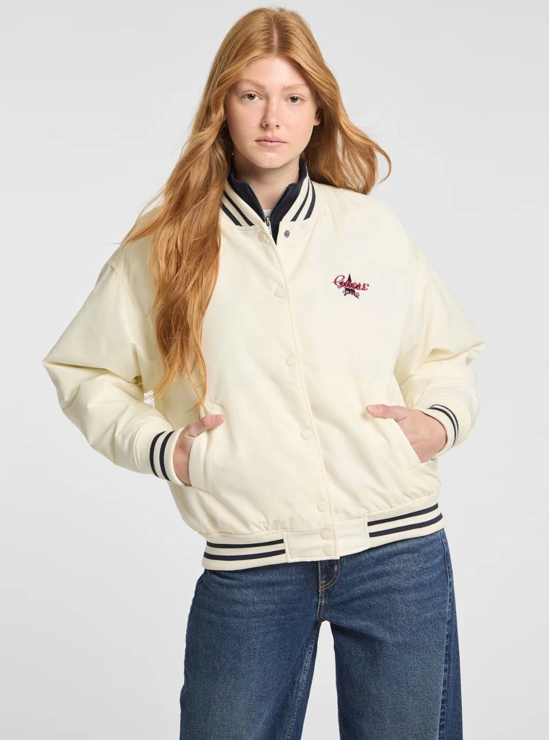 ElasticizedWaistbandSystem Outdoor Trip Guess Jeans White Embroidered Varsity Bomber Jacket