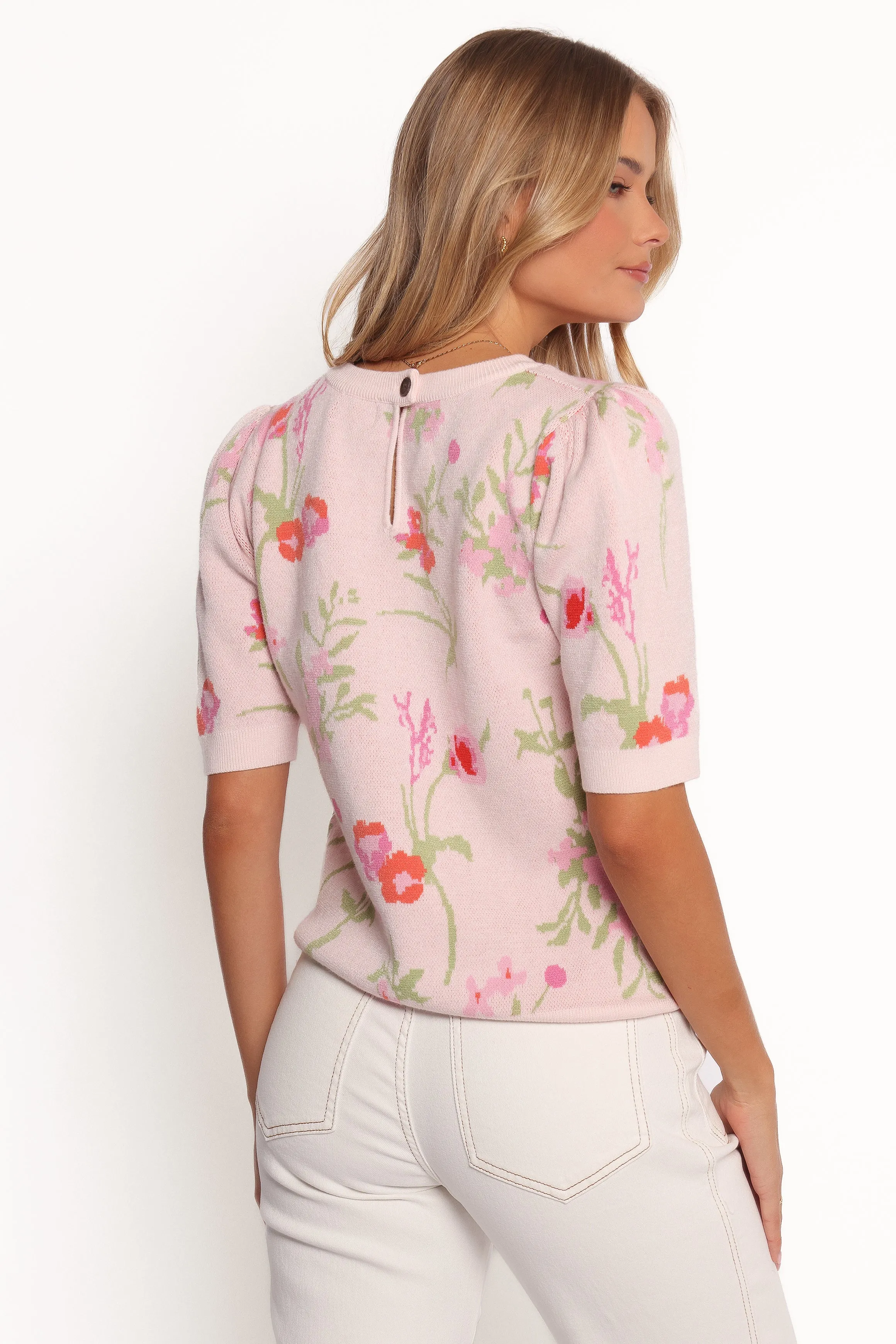 Everyday Comfort Garment Shaping Panels Keegan Flower Knit Sweater - Pink