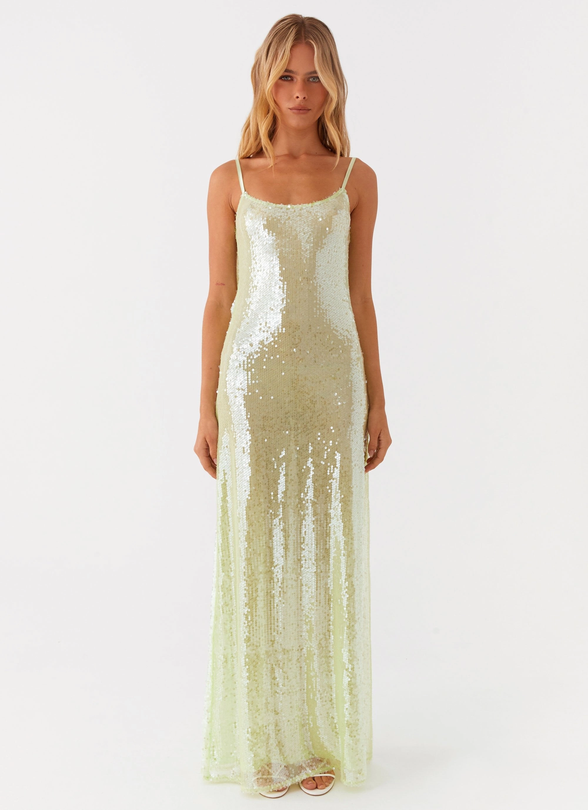 Soft Neutral Sheer Overlay Higher Level Sequin Maxi Dress - Mint
