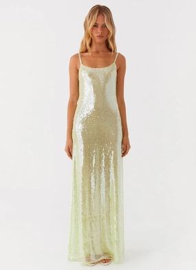 Soft Neutral Sheer Overlay Higher Level Sequin Maxi Dress - Mint