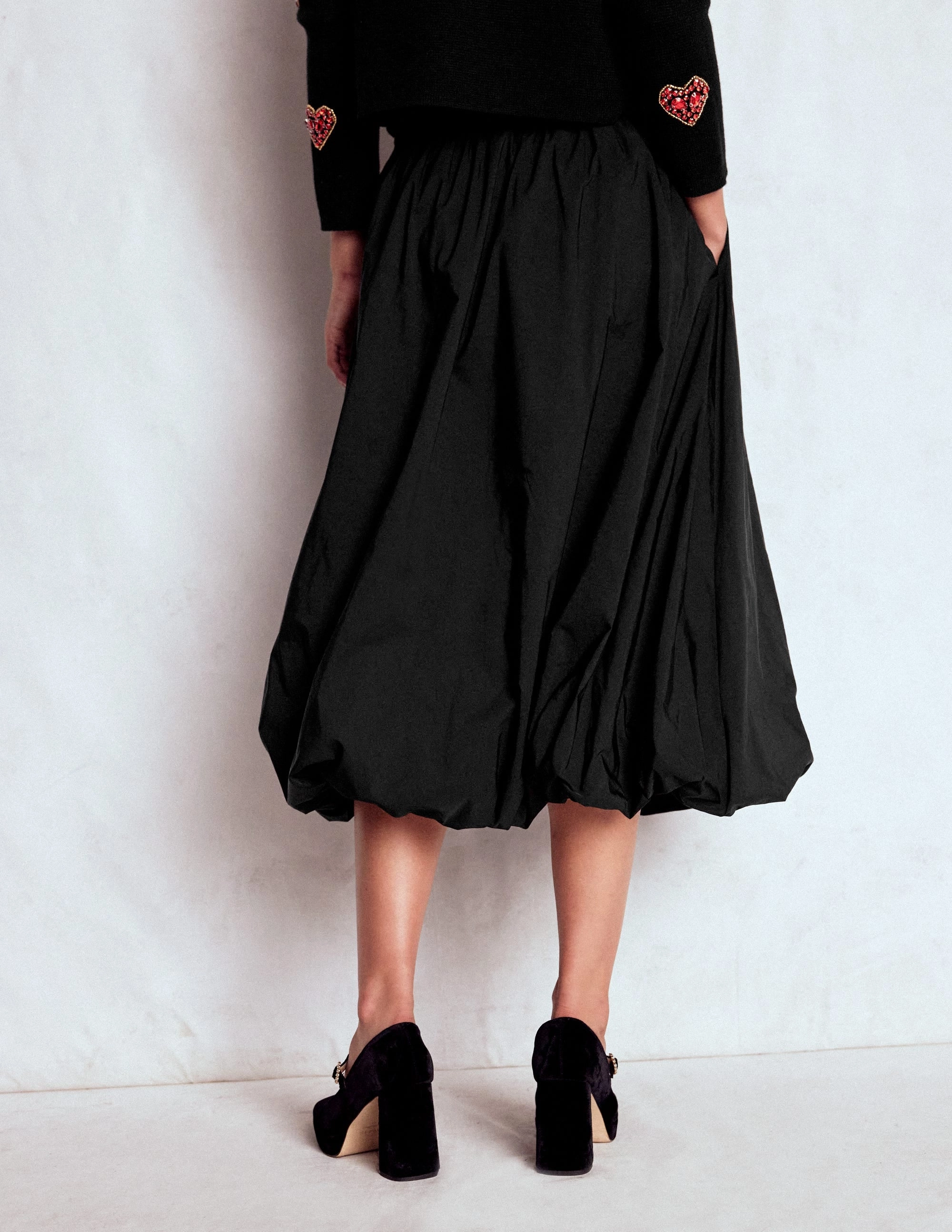 Bubble Hem Midi Skirt-Black Smart Fit Wrinkle Resistant Finish