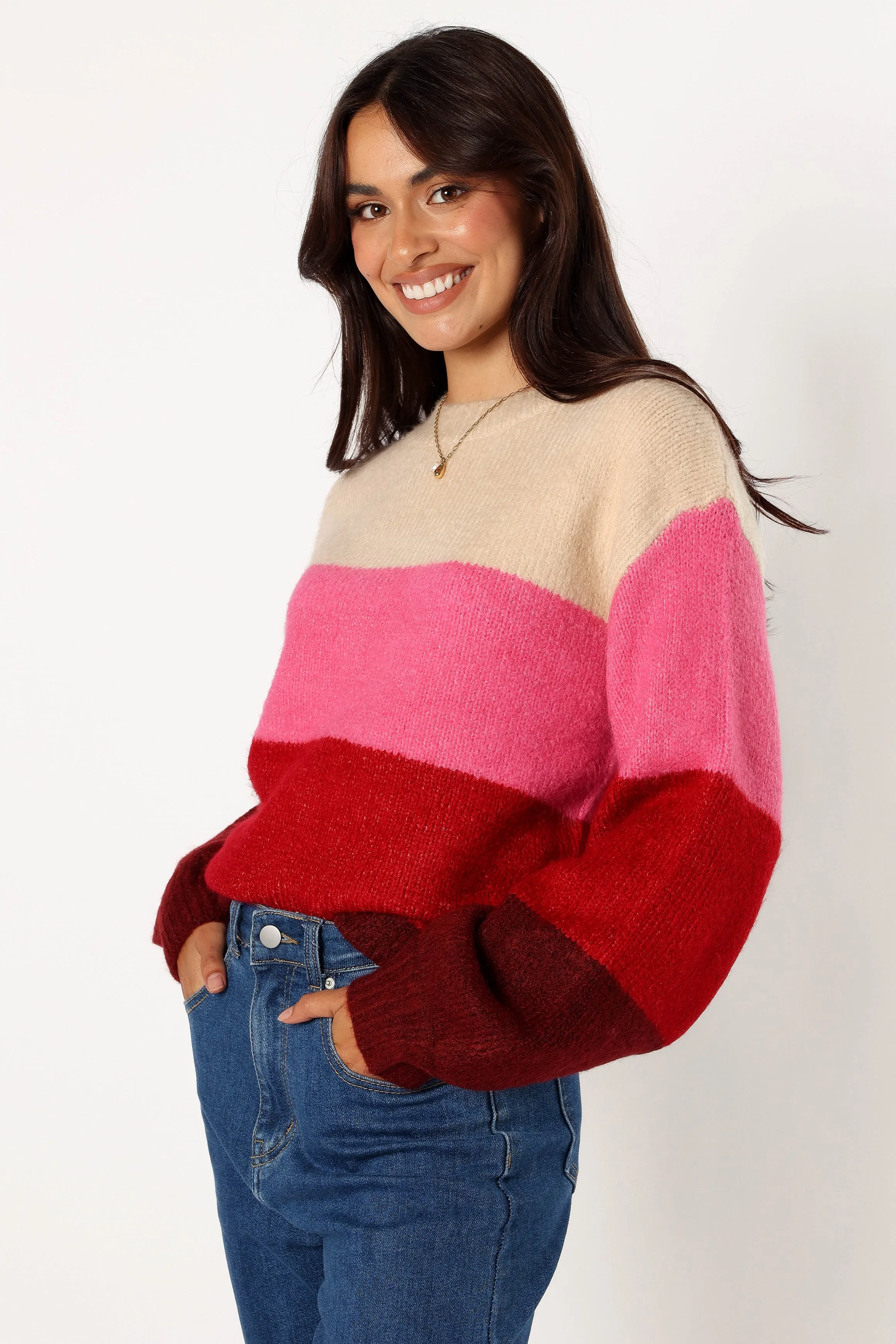 Weekend Ready Giovanna Crewneck Multi Stripe Knit Sweater - Berry