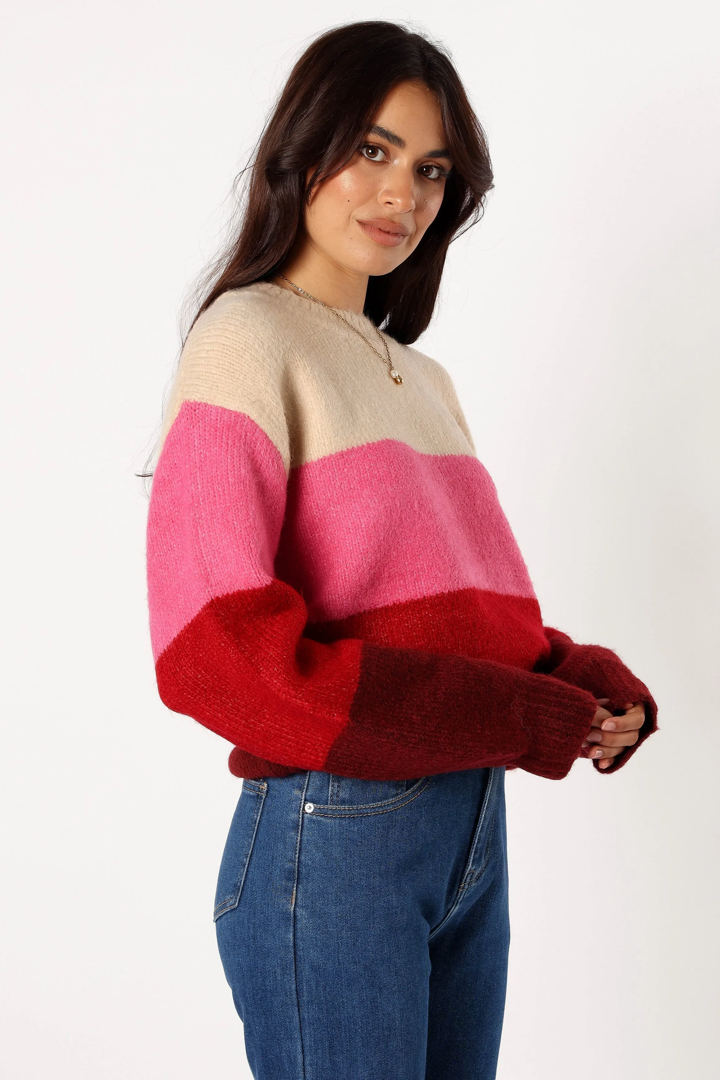 Essential Outfit Giovanna Crewneck Multi Stripe Knit Sweater - Berry