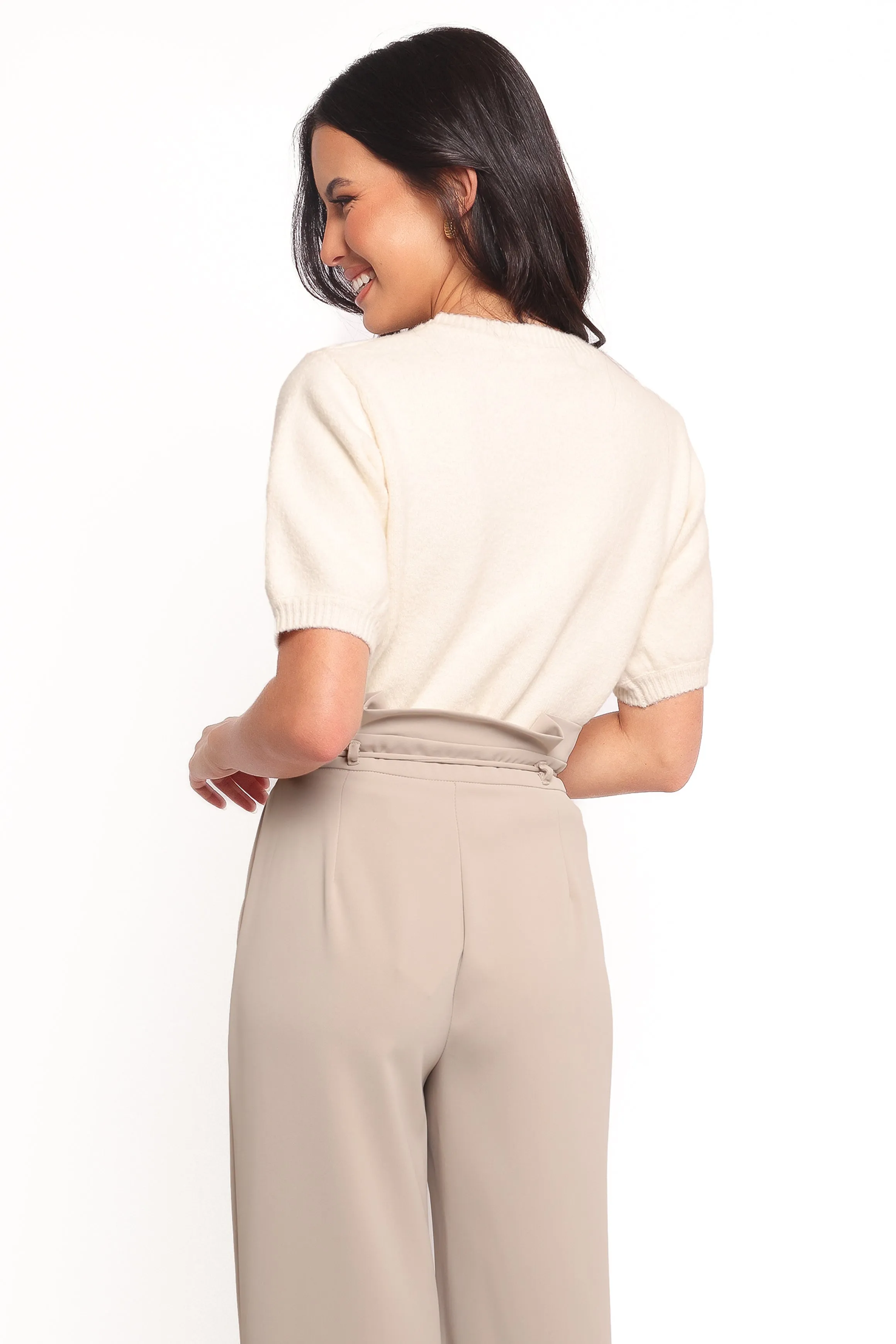 StretchRecovery Yarn Orlana Embellished Neck Short Sleeve Sweater - Cream