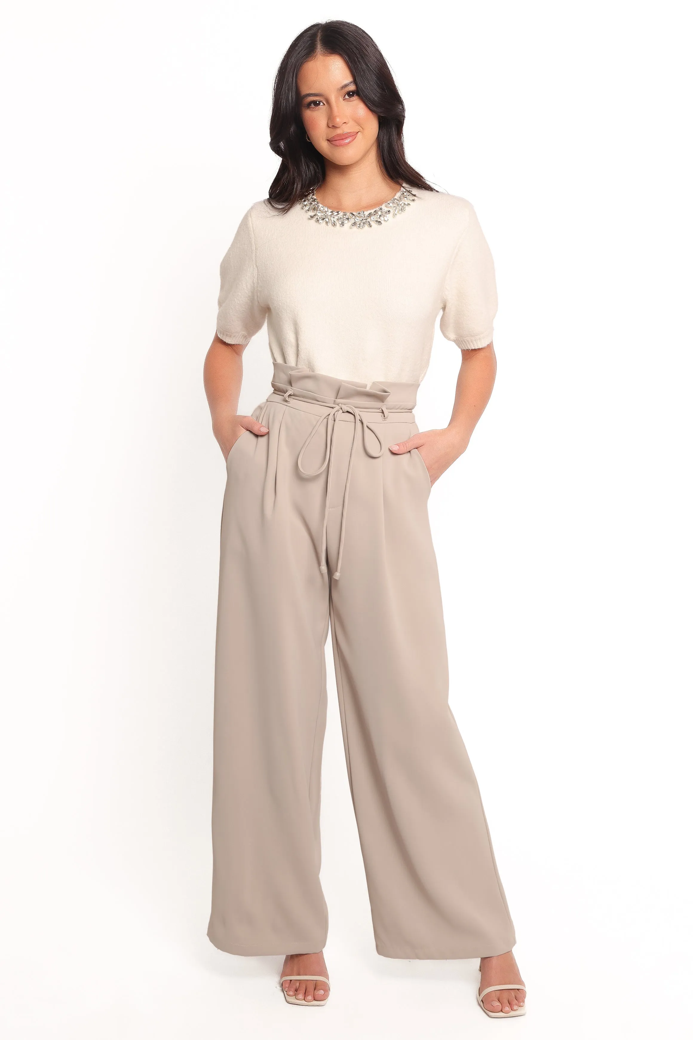 Double Layer Thermal Orlana Embellished Neck Short Sleeve Sweater - Cream