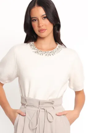 BreathableKnit Fabric Orlana Embellished Neck Short Sleeve Sweater - Cream