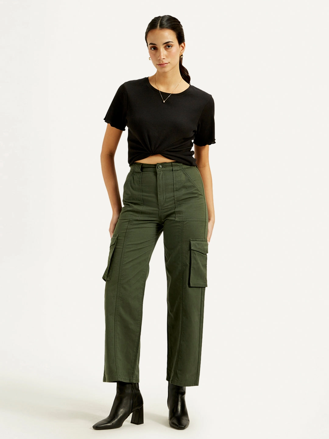 Women's High Rise Olive?Wide Leg Cargo Trousers Lightweight Material