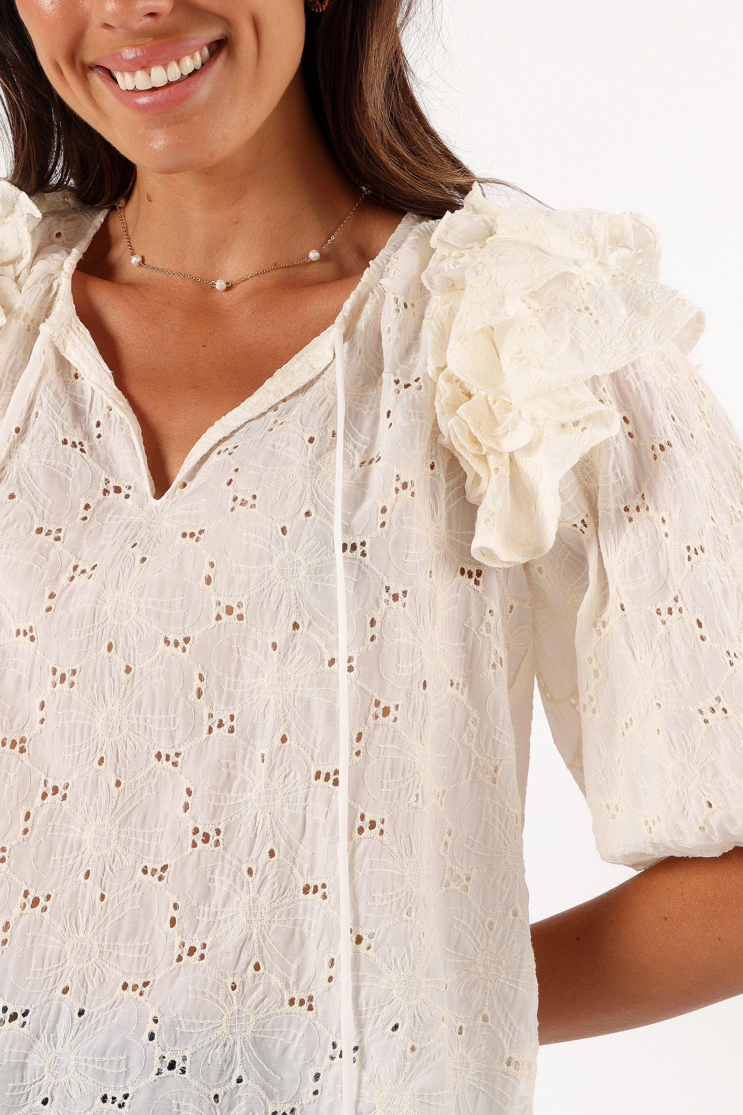 shopping spree Flatlock stitching Iris Ruffled Top - Cream