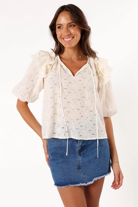 Reinforced Buttonholes Tailored Cut Iris Ruffled Top - Cream
