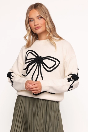 Thermo Regulating Fibers Isiora Bow Embroidered Knit Sweater - Cream