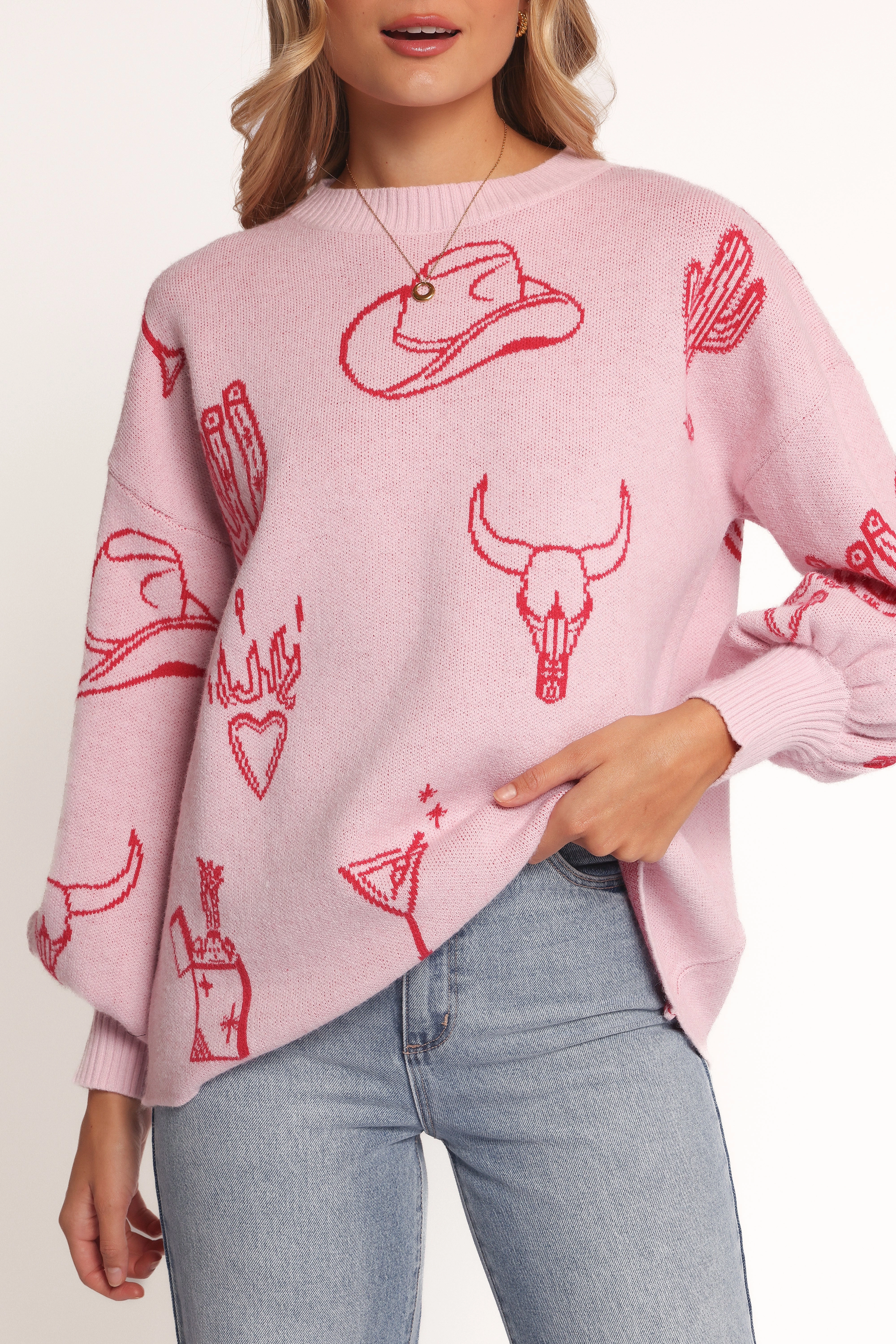 Jax Western Knit Sweater - Pink Elastic hemline Layered Weight Distribution Guide