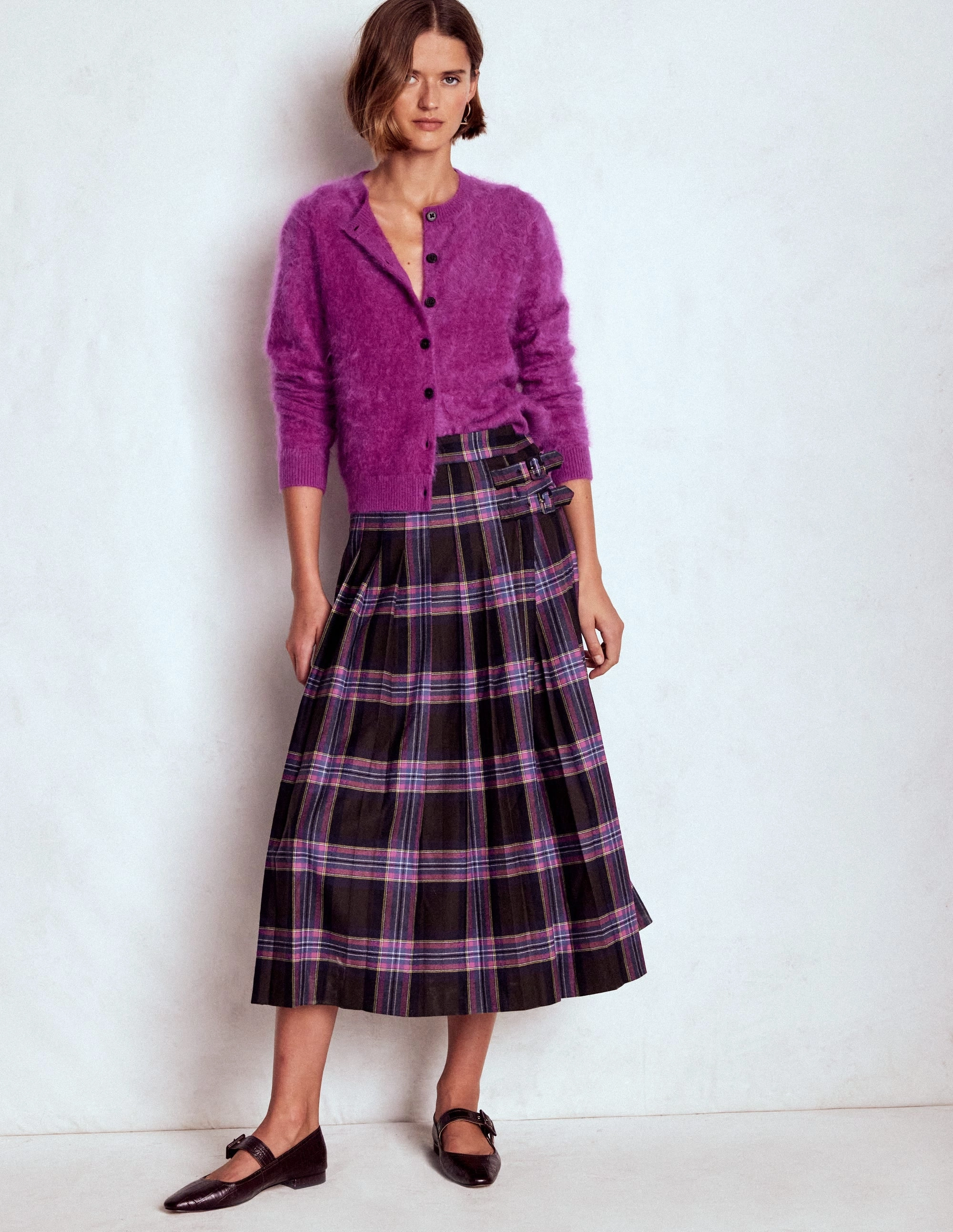 Josephine Wool Kilt Skirt-Brown, Teal & Pink Check Minimal Vibes