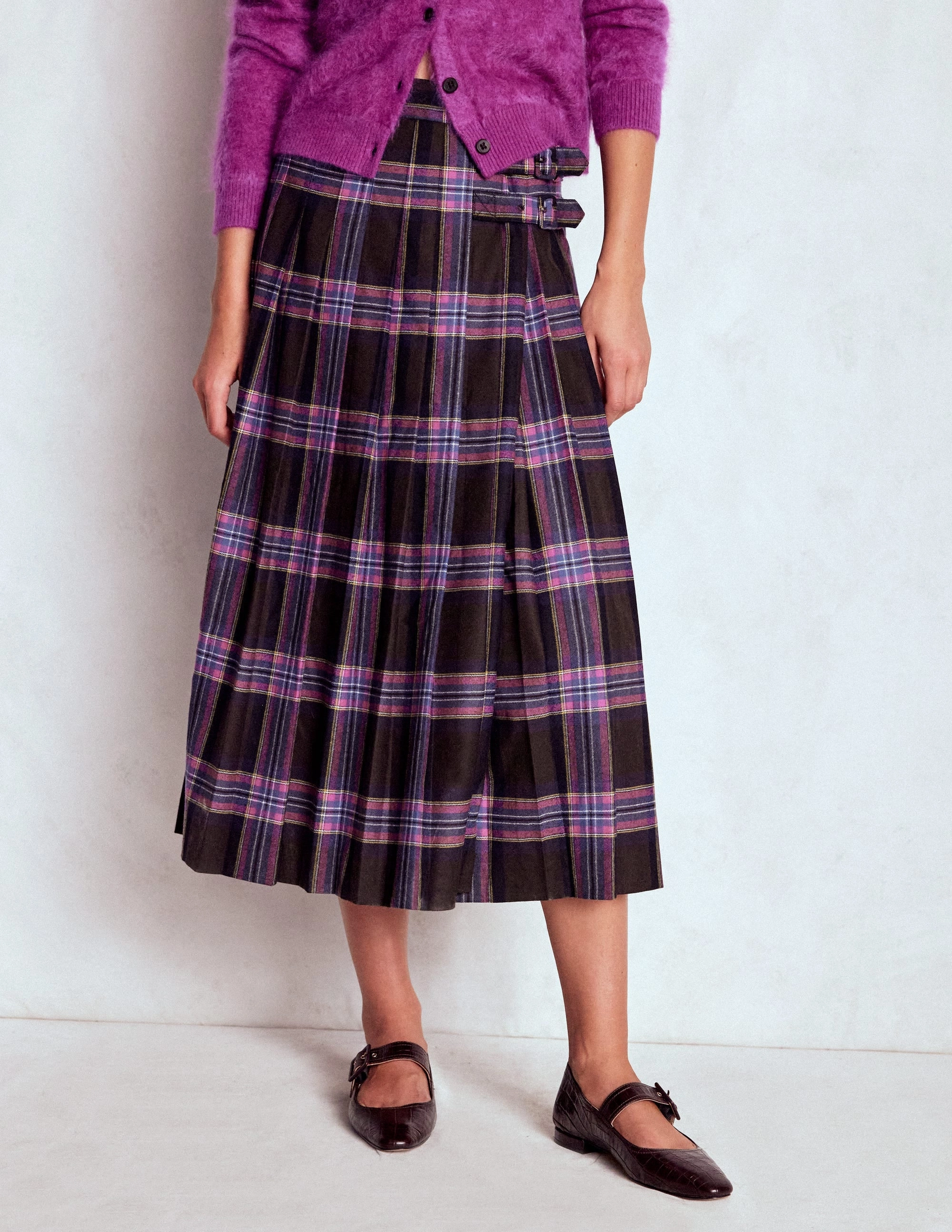 Stylish Vibe Josephine Wool Kilt Skirt-Brown, Teal & Pink Check