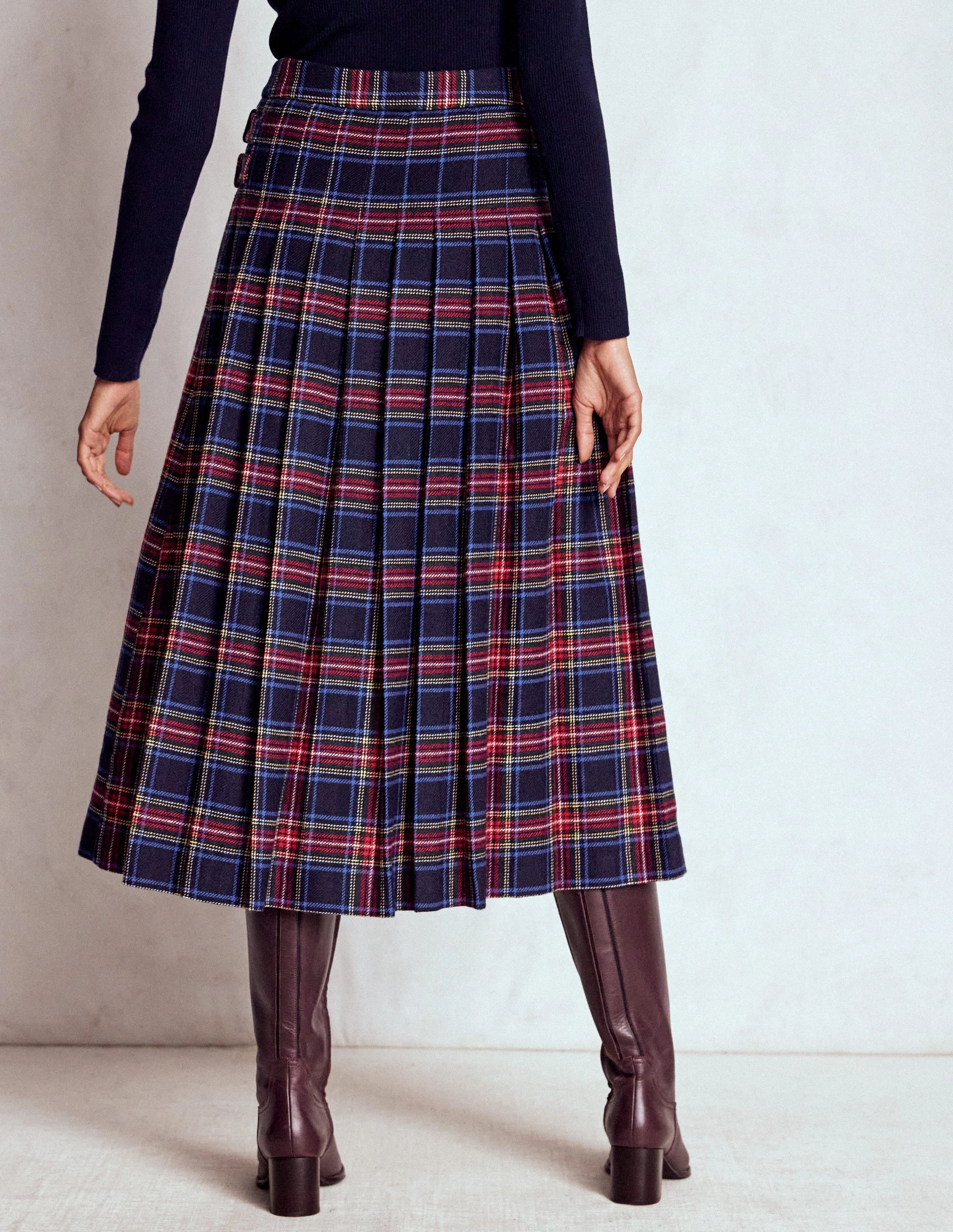 Neat Style Texture Play Josephine Wool Kilt Skirt-Navy, Green and Red Check