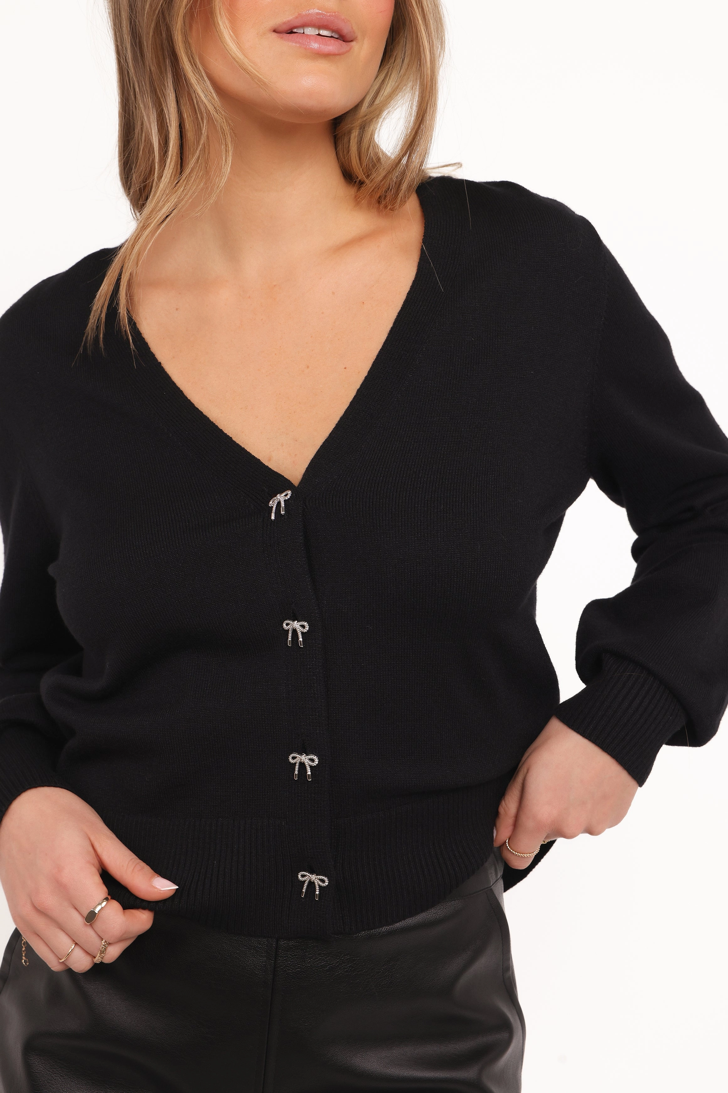 HighElasticity Fabric Josey Bow Button Cardigan - Black
