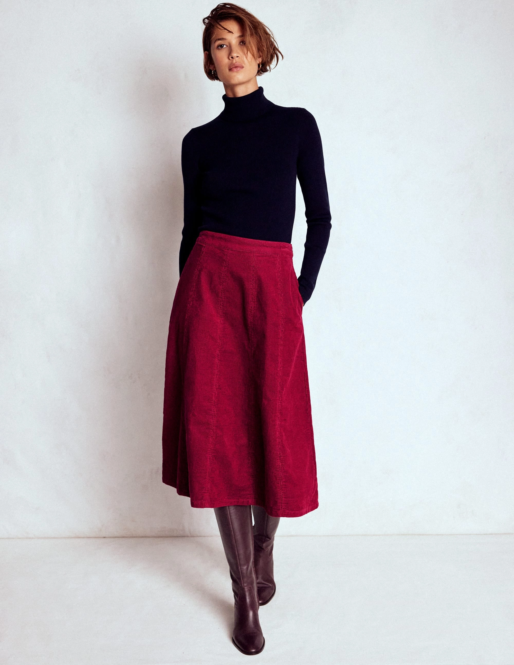 Joy Cord Midi Skirt-Burgundy Red Winter Staple Artistic Influence