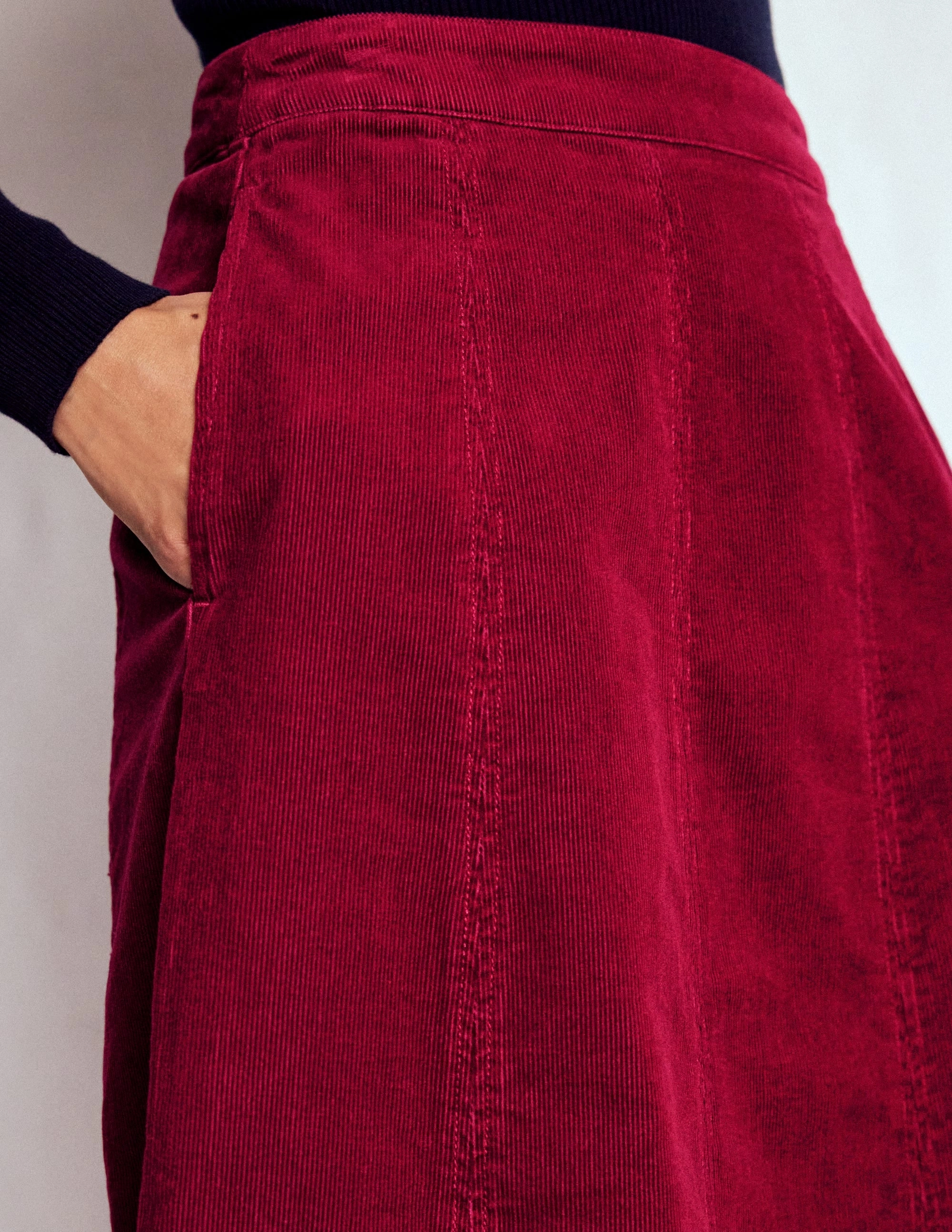 Shirred Back Joy Cord Midi Skirt-Burgundy Red