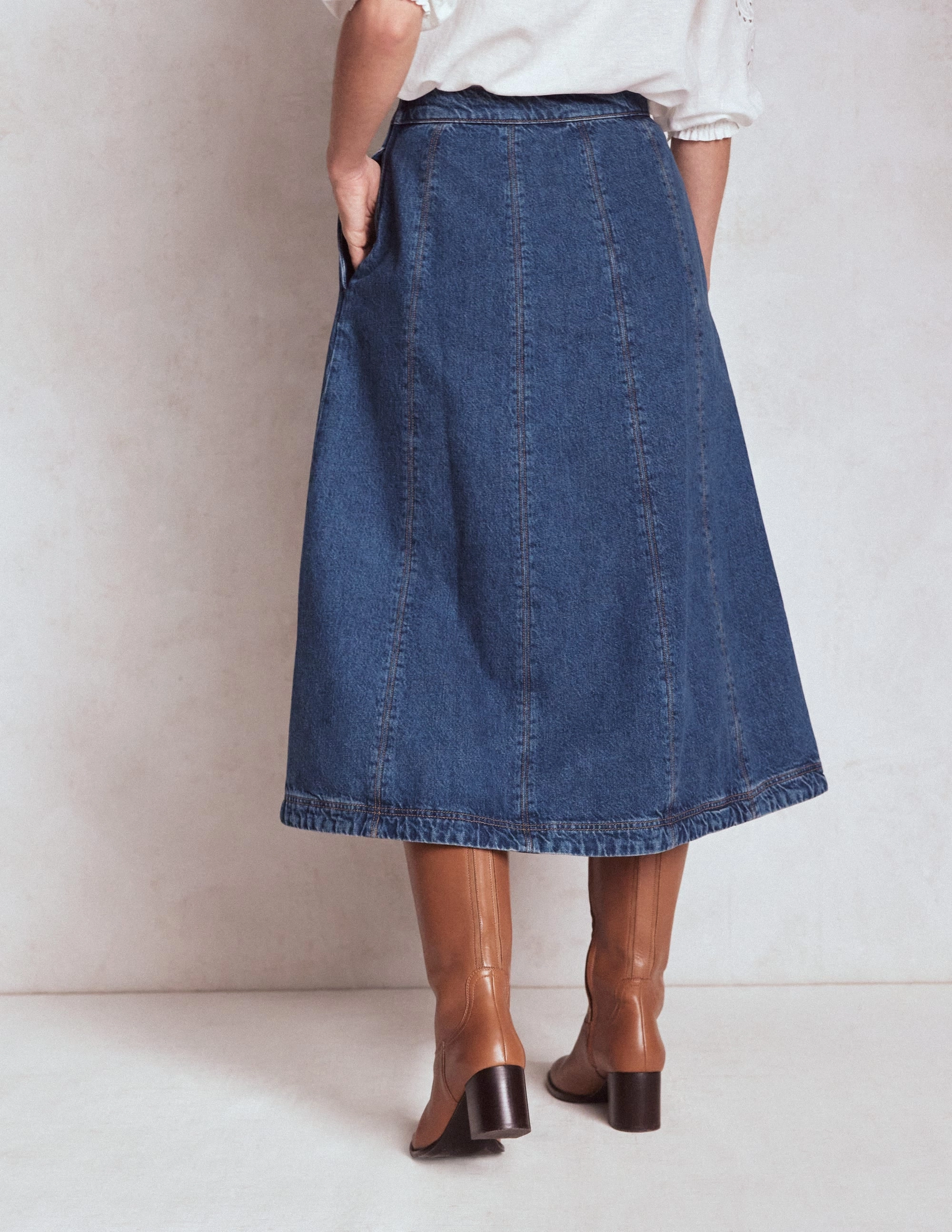Joy Panelled Denim Skirt-Mid Wash Roll Up Hem