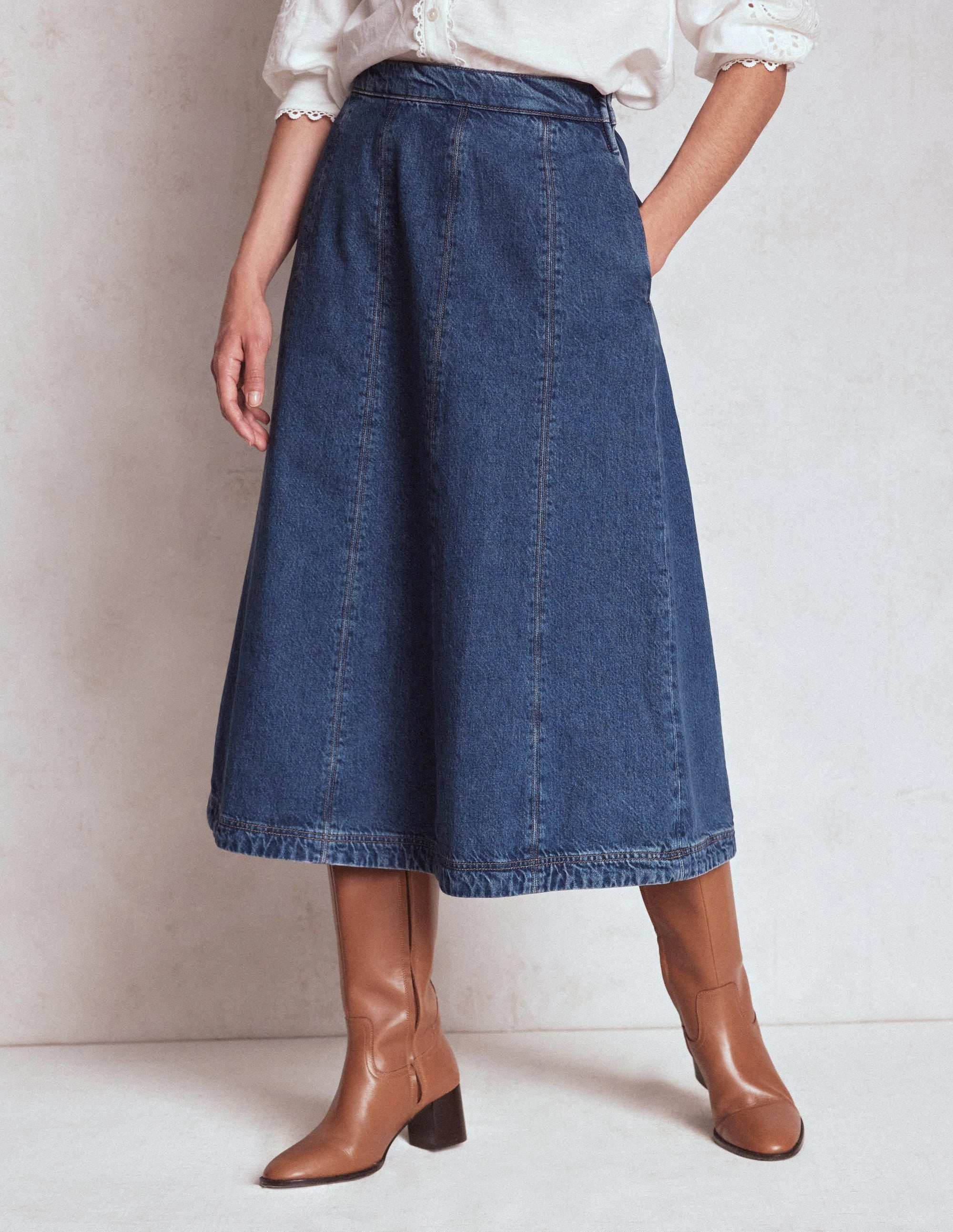 Chill Tones Subtle Detail Joy Panelled Denim Skirt-Mid Wash