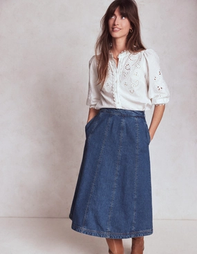 Joy Panelled Denim Skirt-Mid Wash Detail Focus