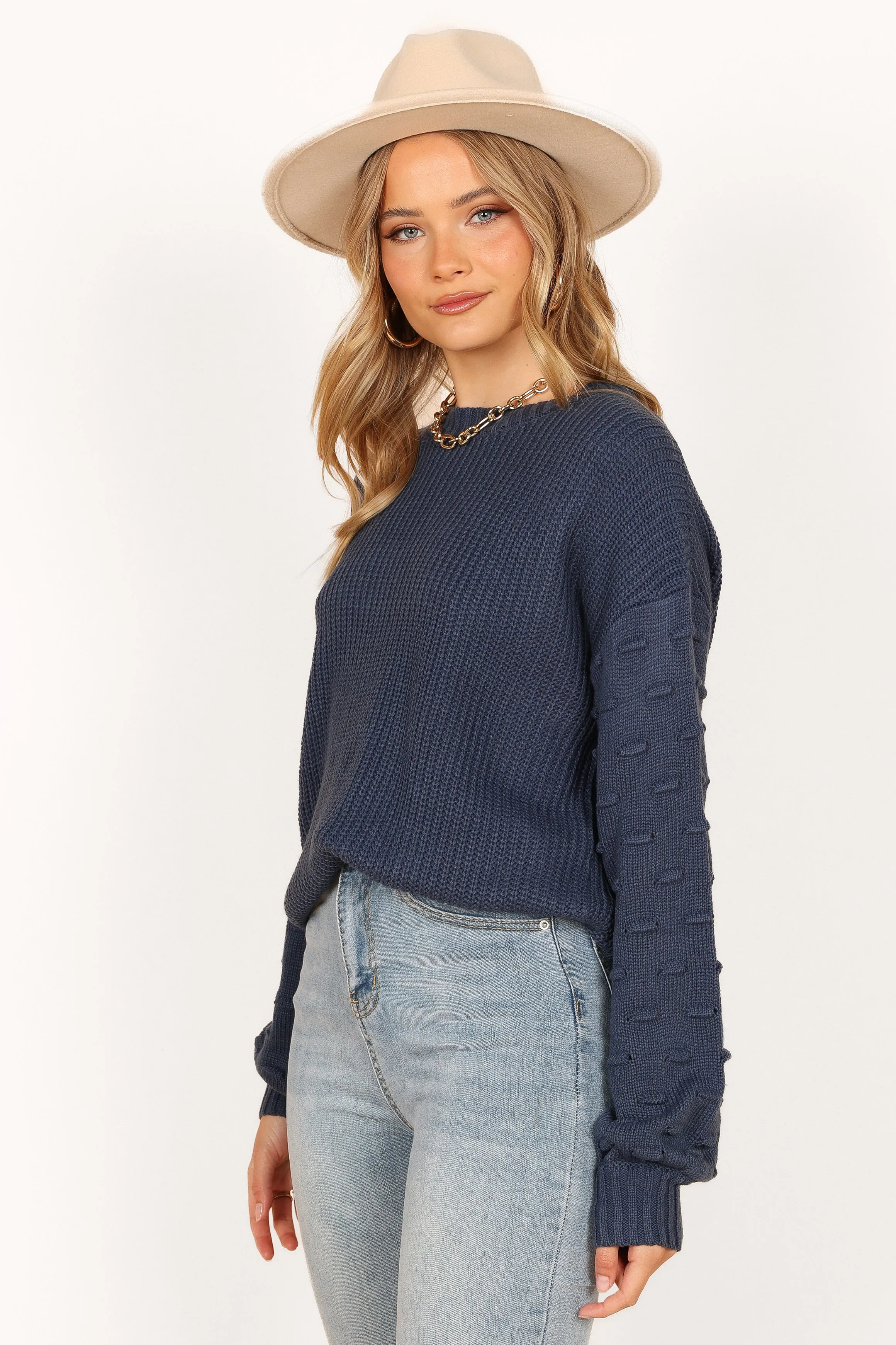 Stylish Comfort Circular Knit Technology Katrina Textured Sleeve Crewneck Knit Sweater - Midnight Blue