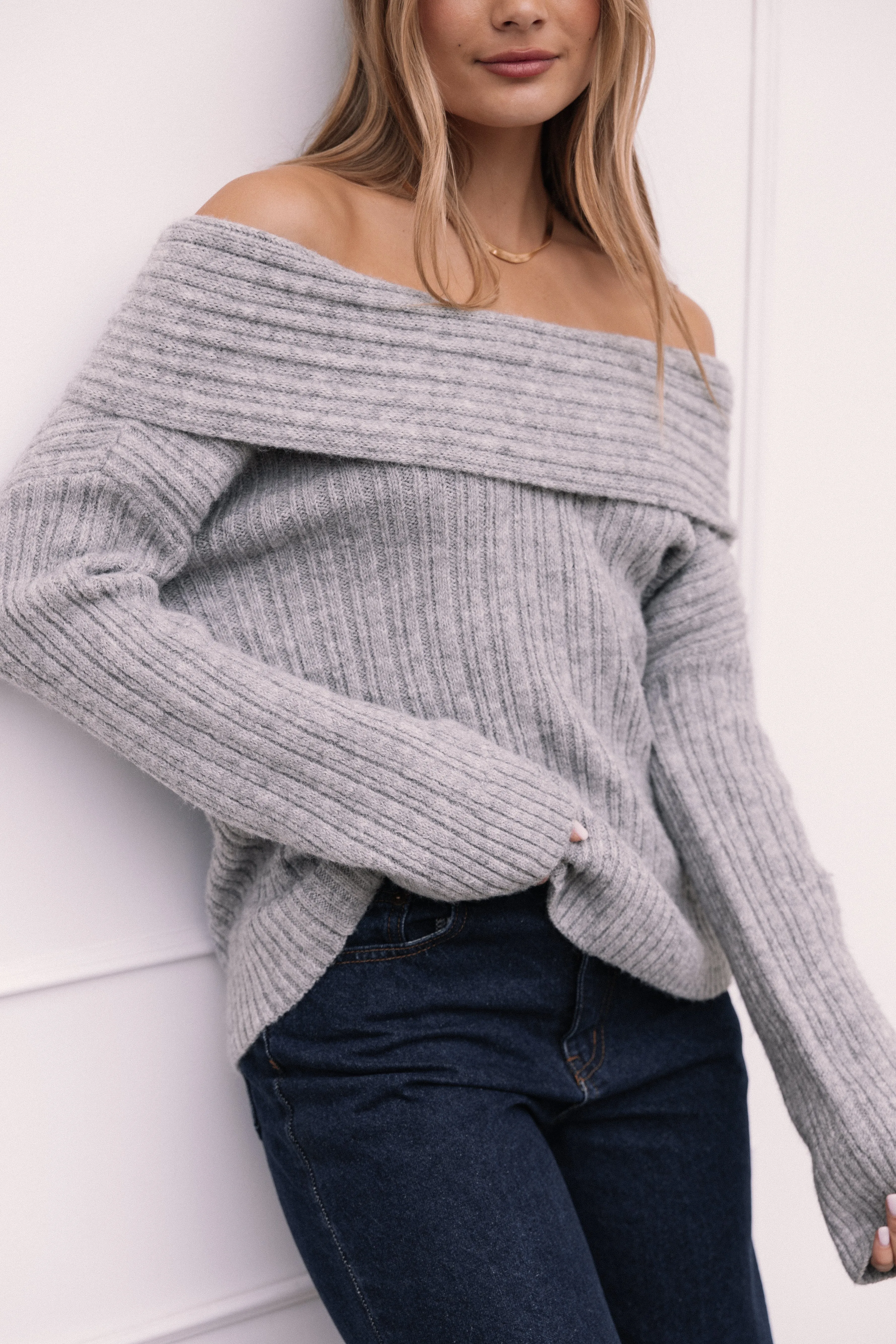 Kenny Off Shoulder Knit Sweater - Grey Merino Wool Blend