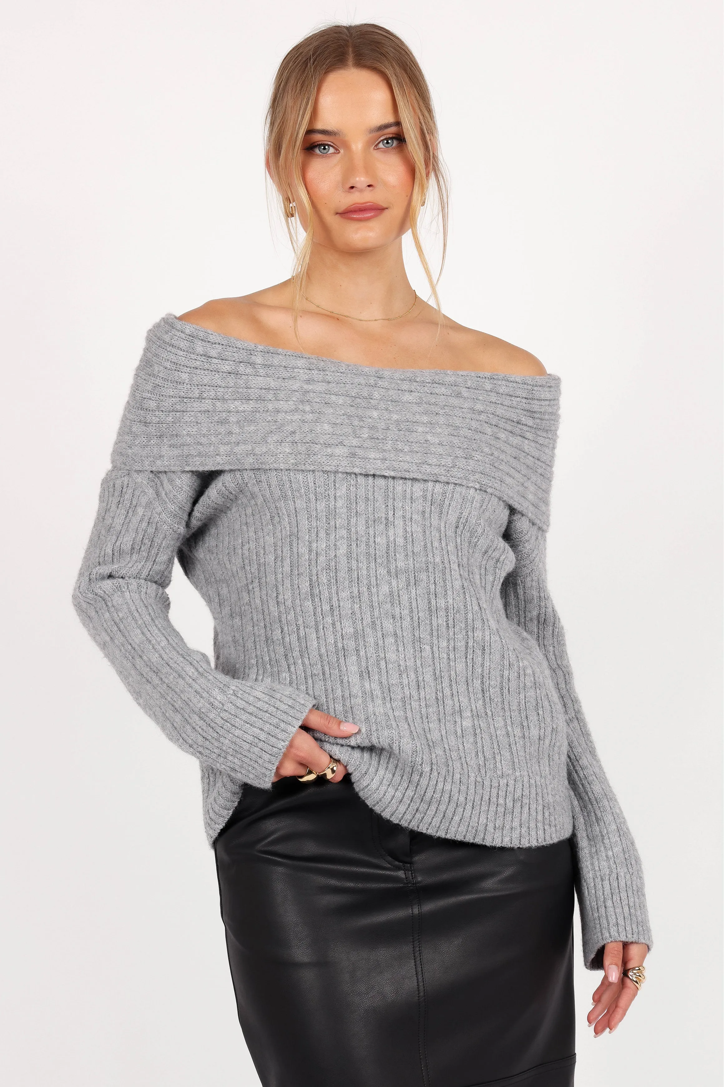 Indoor Comfort Kenny Off Shoulder Knit Sweater - Grey