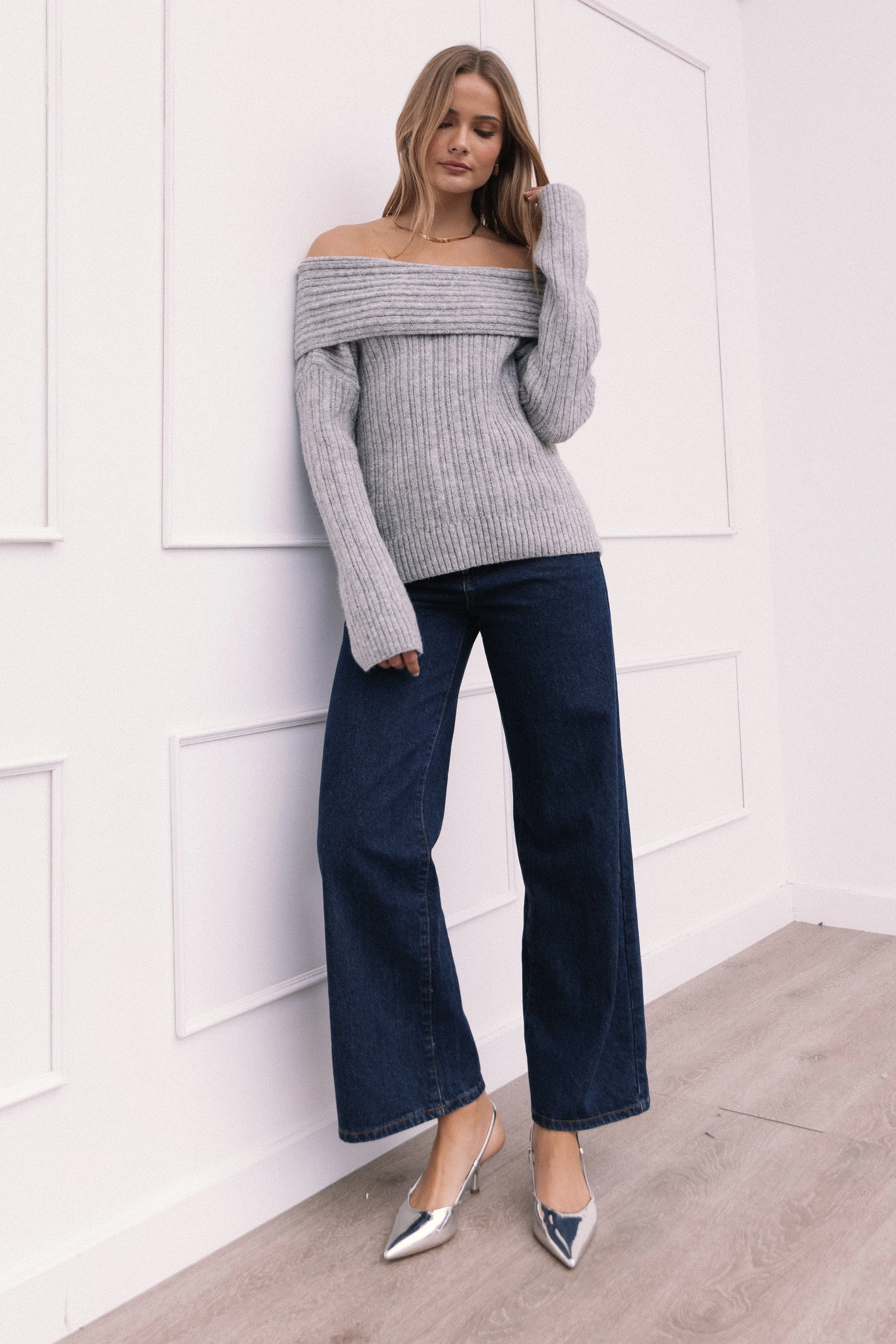 Kenny Off Shoulder Knit Sweater - Grey Multi Directional Stretch