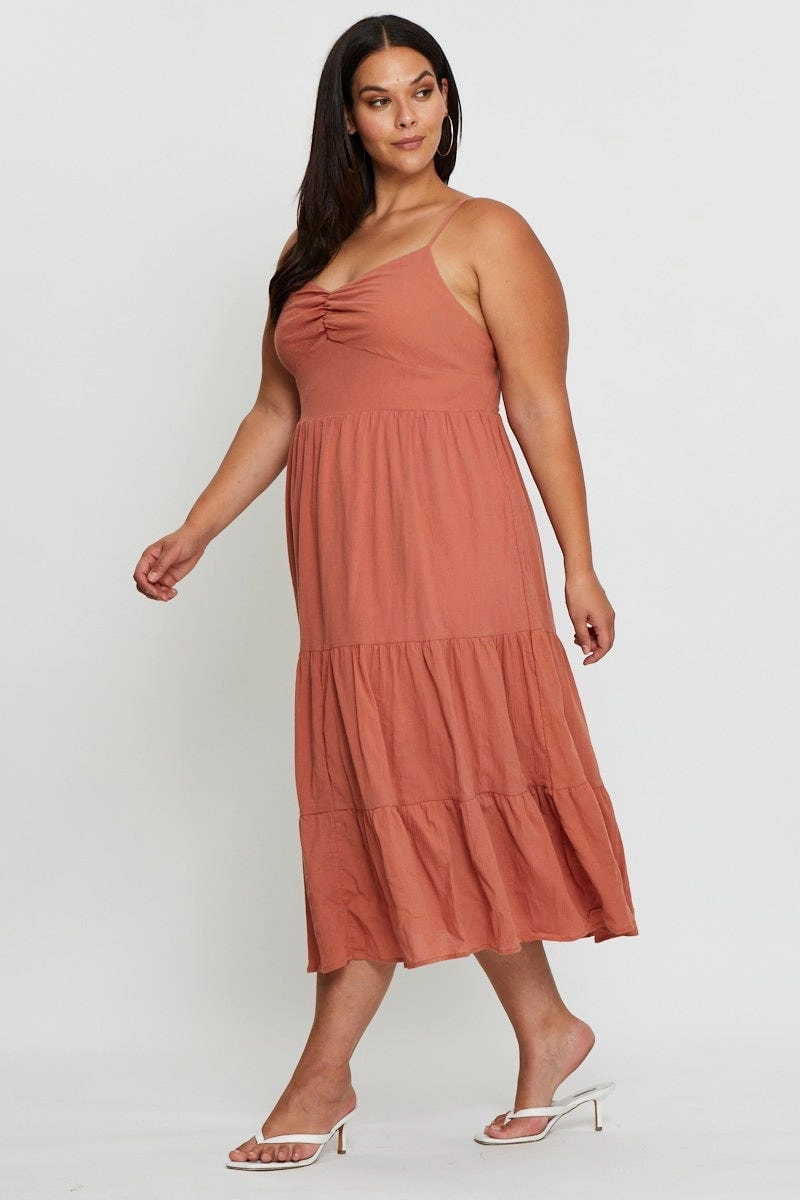 Brown Midi Skater Dress Sleeveless Tie Elegant Simplicity Shine Dressy