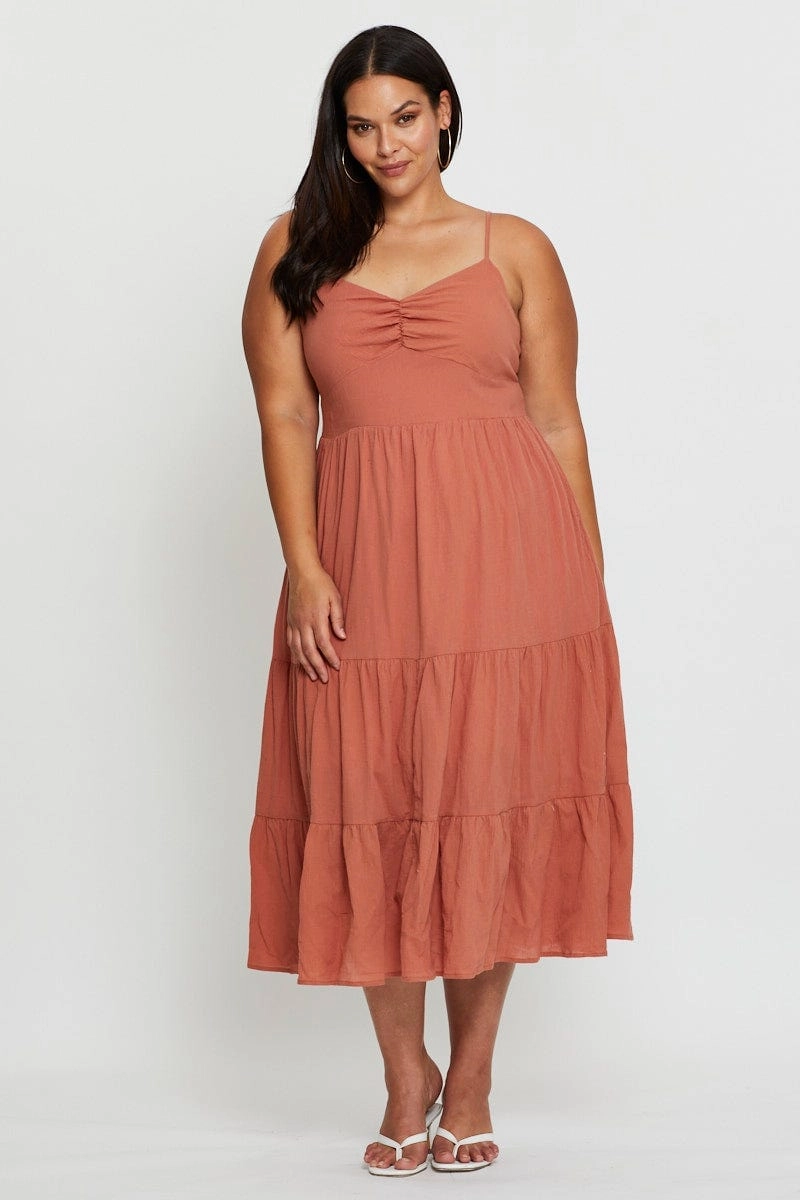 sweet moment Brown Midi Skater Dress Sleeveless Tie