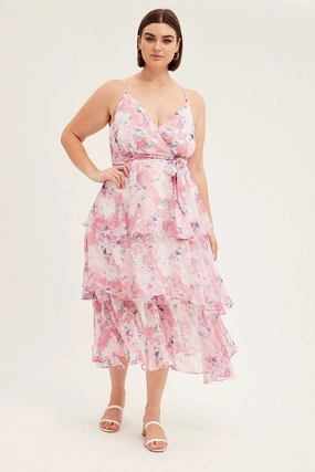 Mood Look Smart Lines Pink Floral Midi Dress Shoestring Frill Chiffon Print