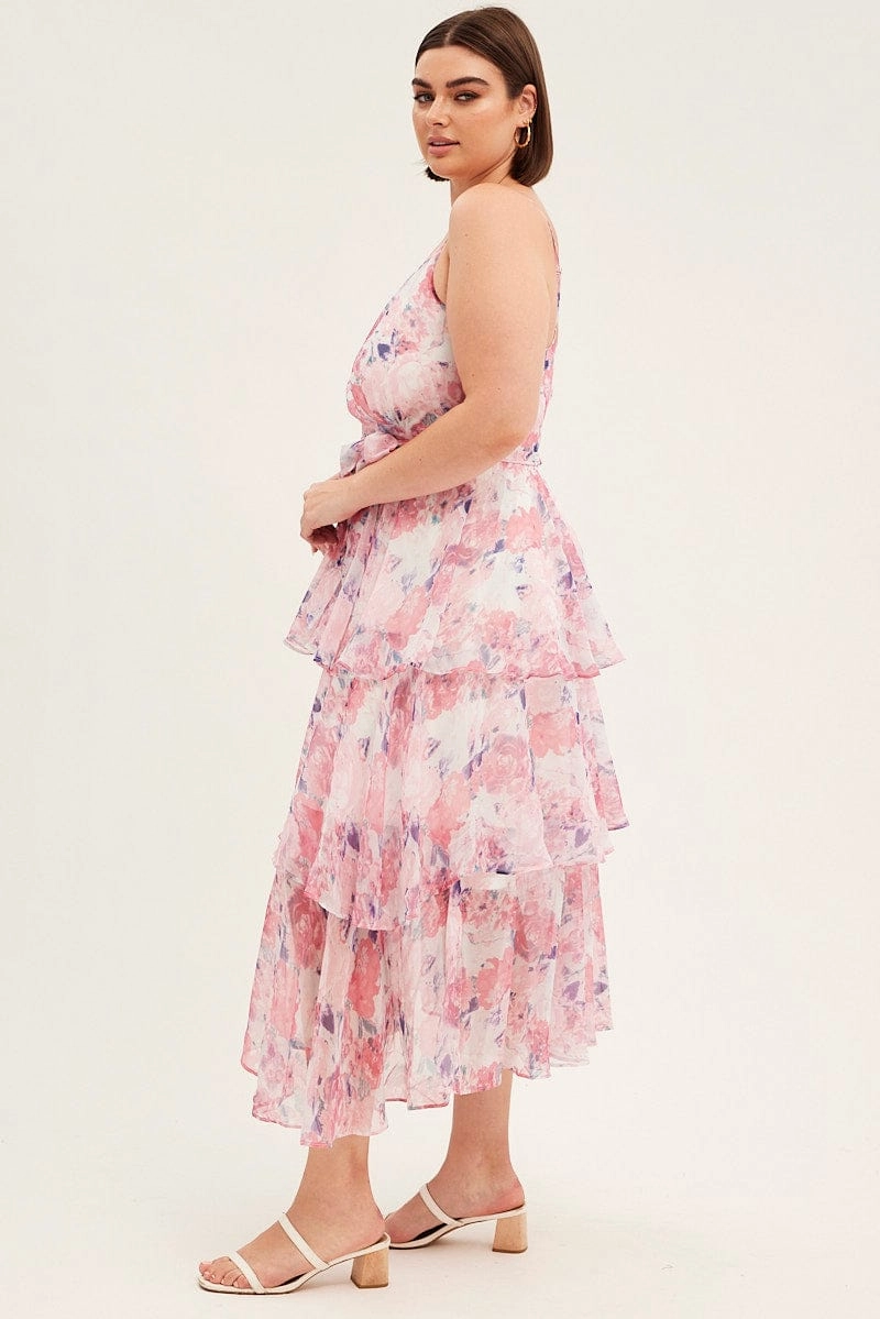 Heritage-Brand Warm Pink Pink Floral Midi Dress Shoestring Frill Chiffon Print