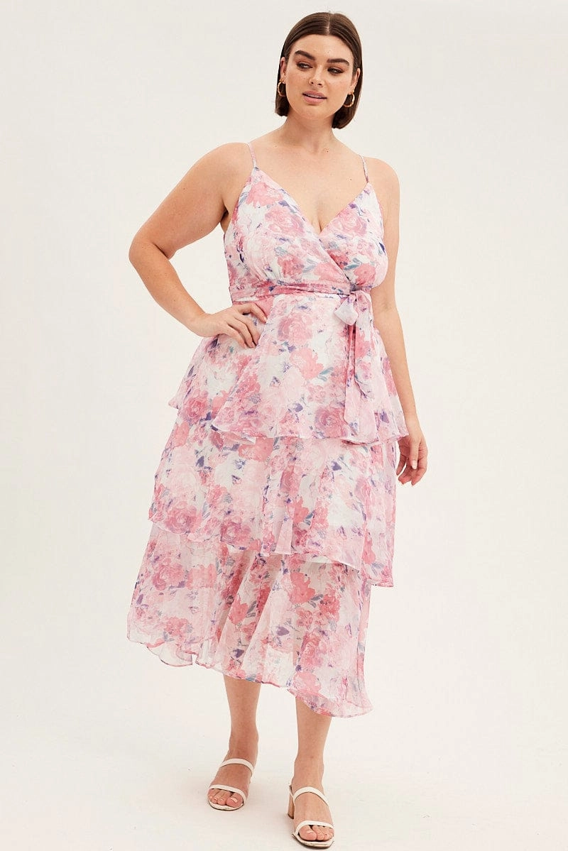 Pink Floral Midi Dress Shoestring Frill Chiffon Print Gentle Fit