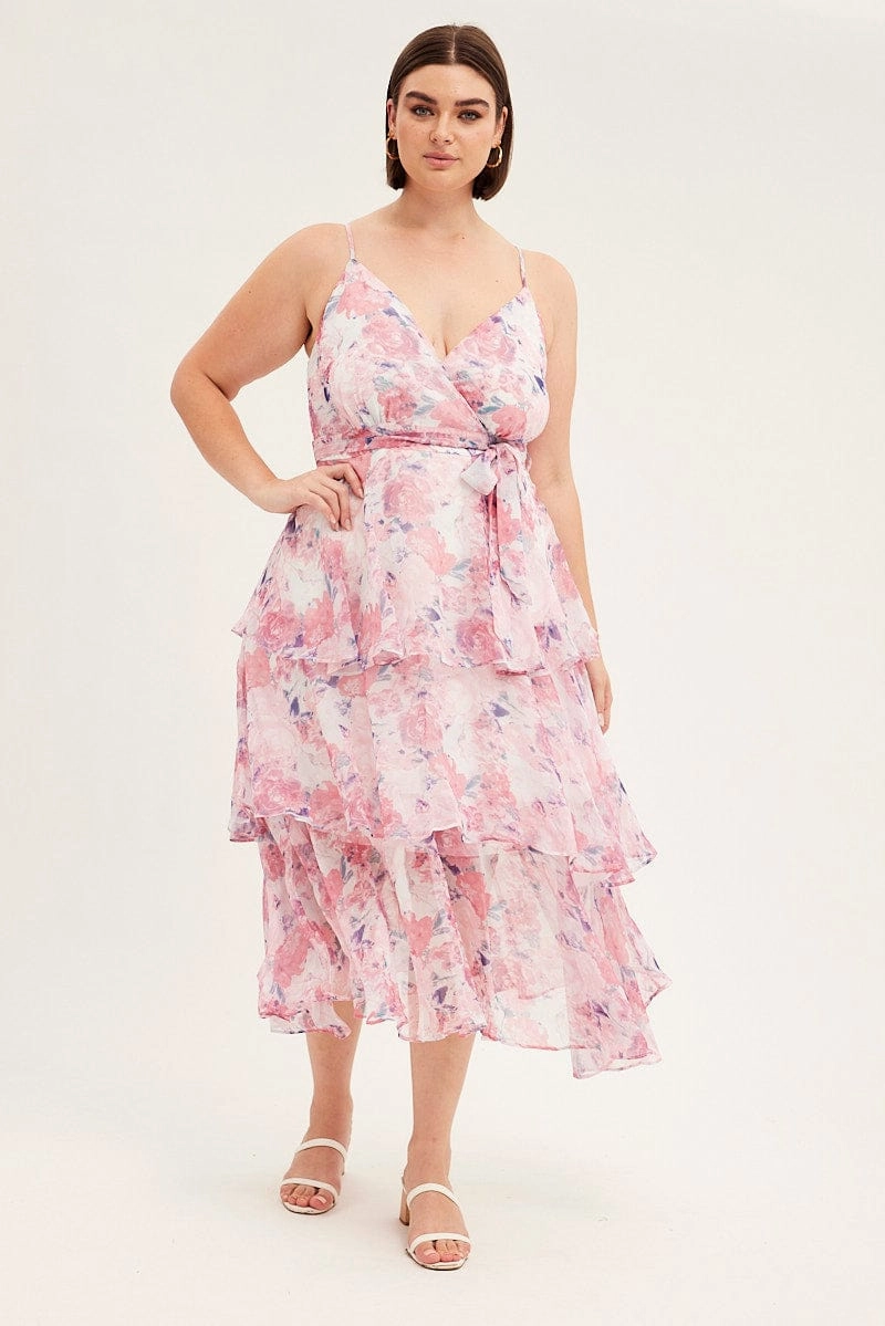 Mood Look Smart Lines Pink Floral Midi Dress Shoestring Frill Chiffon Print