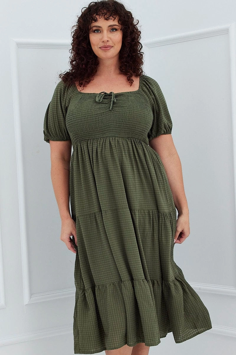 Perfect Mood Khaki Short Sleeve Shirred Midi Dress
