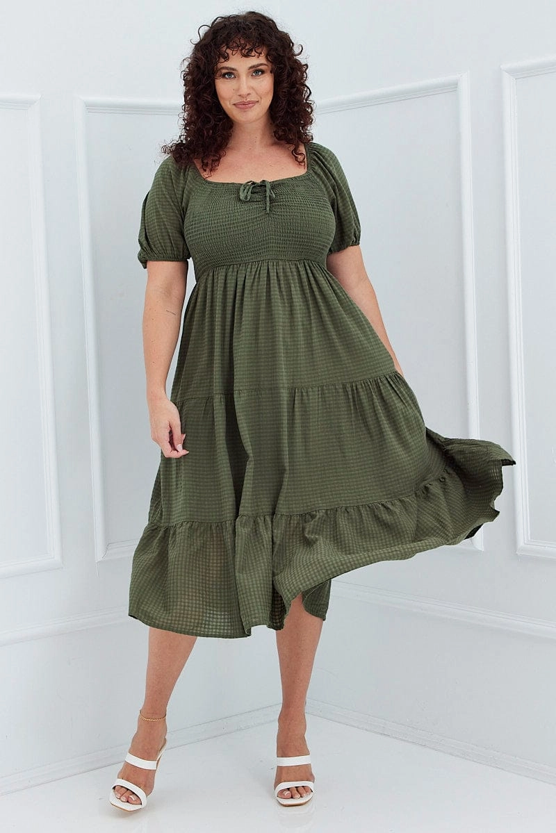 Skin Glow Khaki Short Sleeve Shirred Midi Dress
