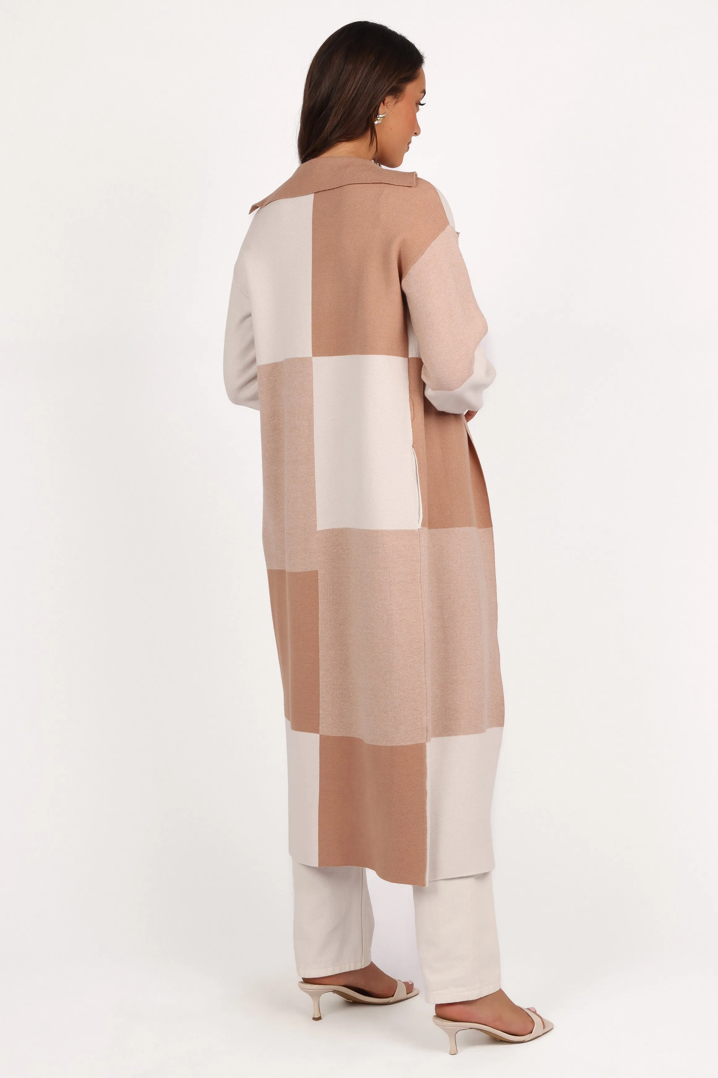 Casual Draping Kingston Large Check Long Cardigan - Beige Check