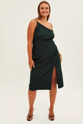 Green Midi Dress Asymmetrical Shoulder Sharp Design