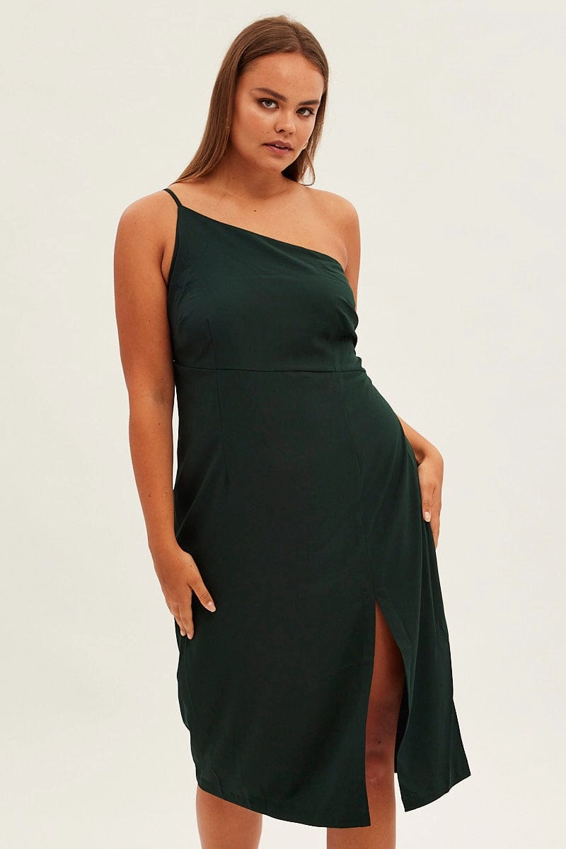 Green Midi Dress Asymmetrical Shoulder Evening Glow Contemporary Vibe