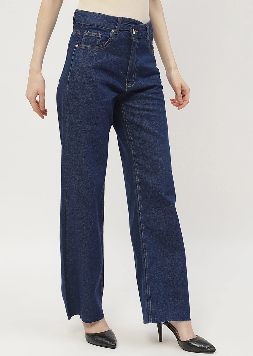Stretch Road Trip Brunch Outfit Relaxed Waist Fit Madame Highly Washed Blue Wide Leg Jeans
