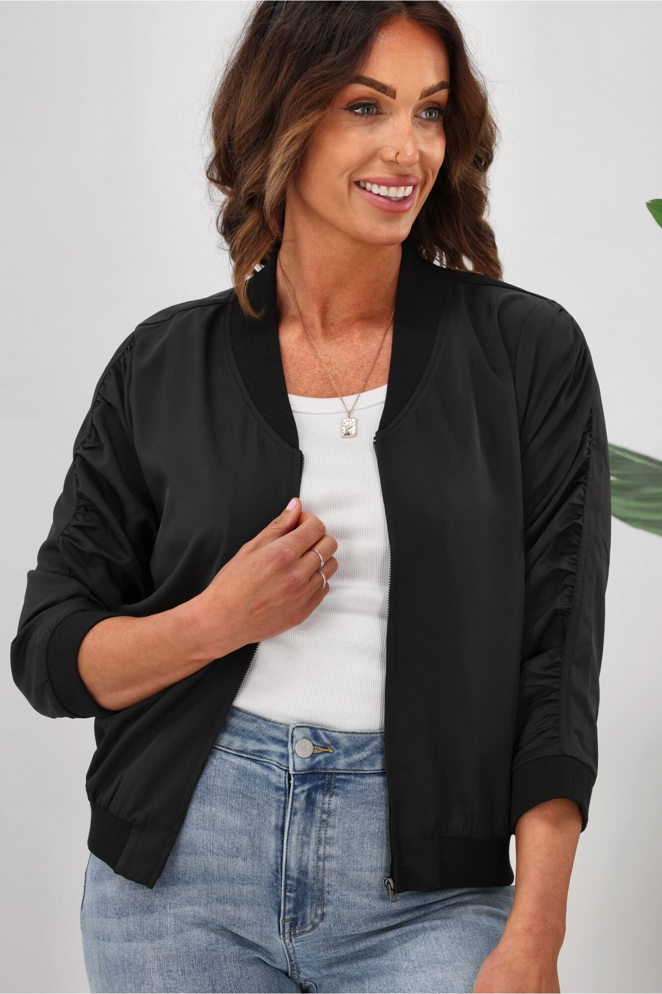 Shine On Label Silvina Gathered Sleeve Bomber Jacket Black FlexibleCuffSystem