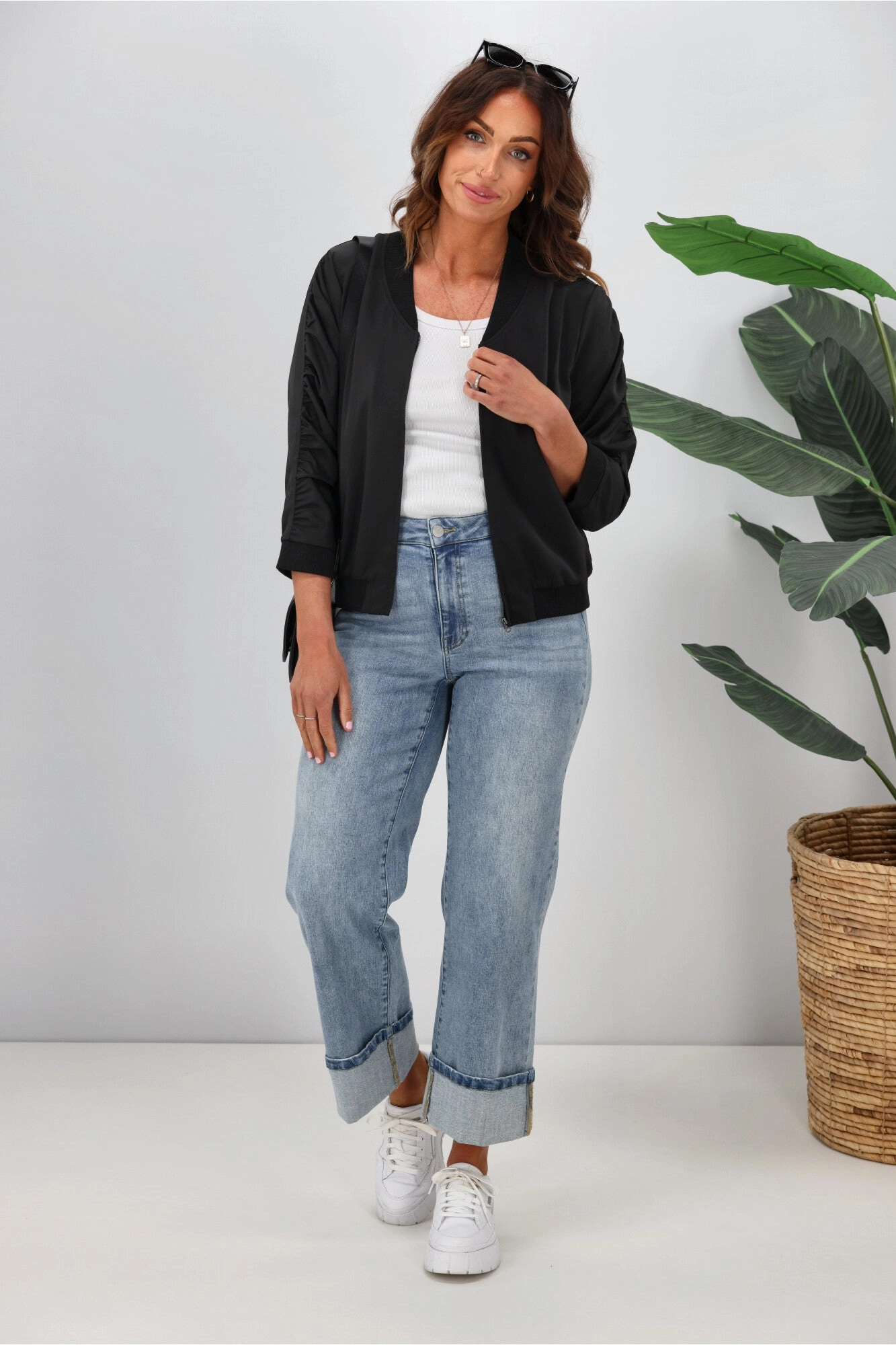 Shine On Label Silvina Gathered Sleeve Bomber Jacket Black All Seasons Daily Commute Wear