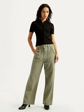 Women's Olive Green Loose Fit Mid Rise Trousers Minimal Vibe