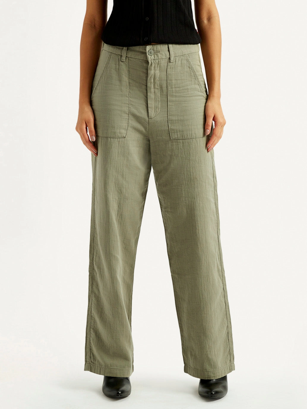 Women's Olive Green Loose Fit Mid Rise Trousers Tangle Free Cuffs
