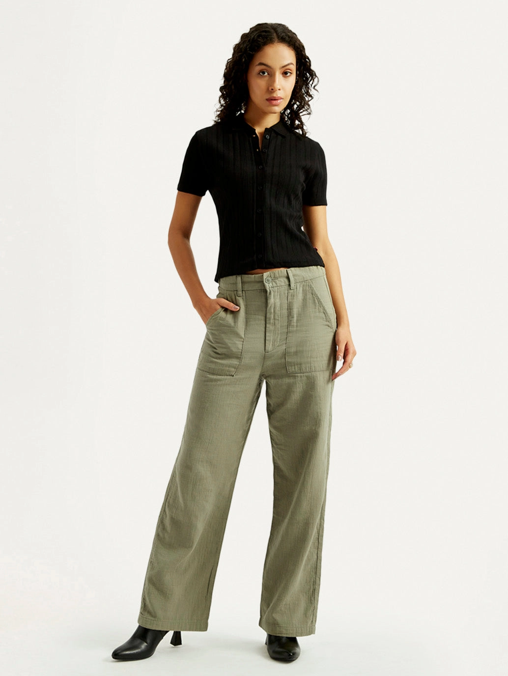 Women's Olive Green Loose Fit Mid Rise Trousers Minimal Vibe